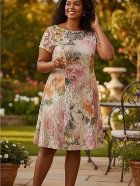 SLNY Floral Lace Midi Dress in Pink, Cream and Green